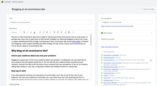 yoast seo editor in shopify with all-green scores for a post