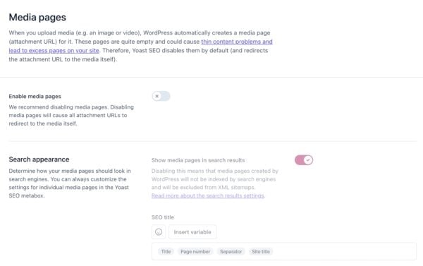 Screenshot of the Media pages settings.