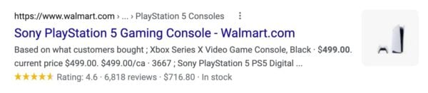 Picture of the search results for Sony's Playstation 5. In the picture, you see the product price, customer ratings and reviews, and if it is in stock.