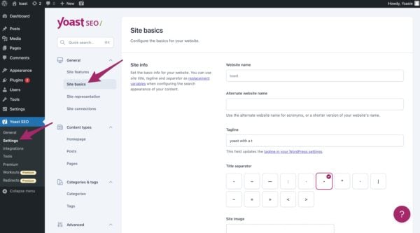 Screenshot of the Site basics settings in Yoast SEO.