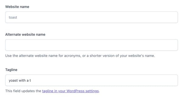 Screenshot of the Website name, Alternate website name, and Tagline settings in the Site basics settings of Yoast SEO.