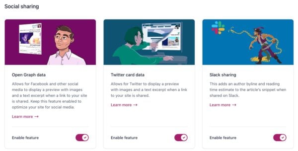 Screenshot of the "Social sharing" section in the Yoast SEO Site features settings.