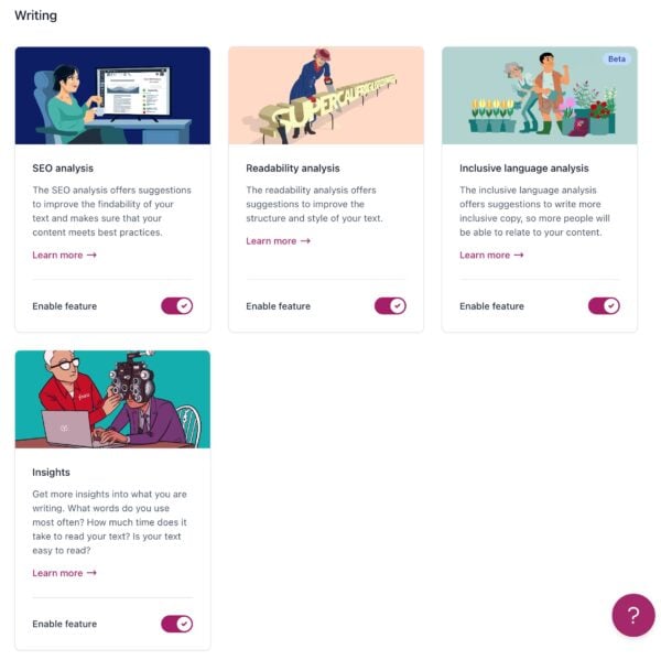 Screenshot of the Writing section in the Site features settings in Yoast SEO.