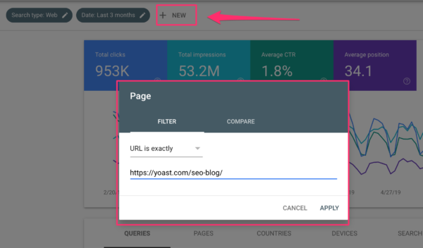 Adding a page filter in Google Search Console
